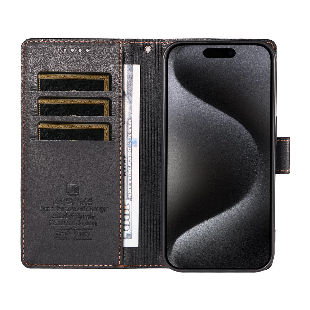 BETOPNICE 006 til iPhone 15 Pro Cover RFID Blokerende Pung Stand Læder Telefoncover med Håndrem