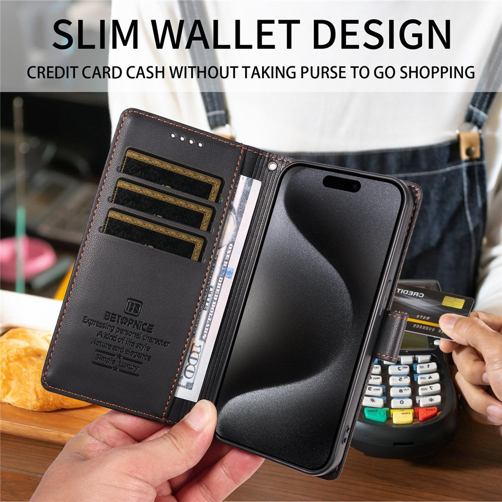 BETOPNICE 006 til iPhone 15 Pro Cover RFID Blokerende Pung Stand Læder Telefoncover med Håndrem