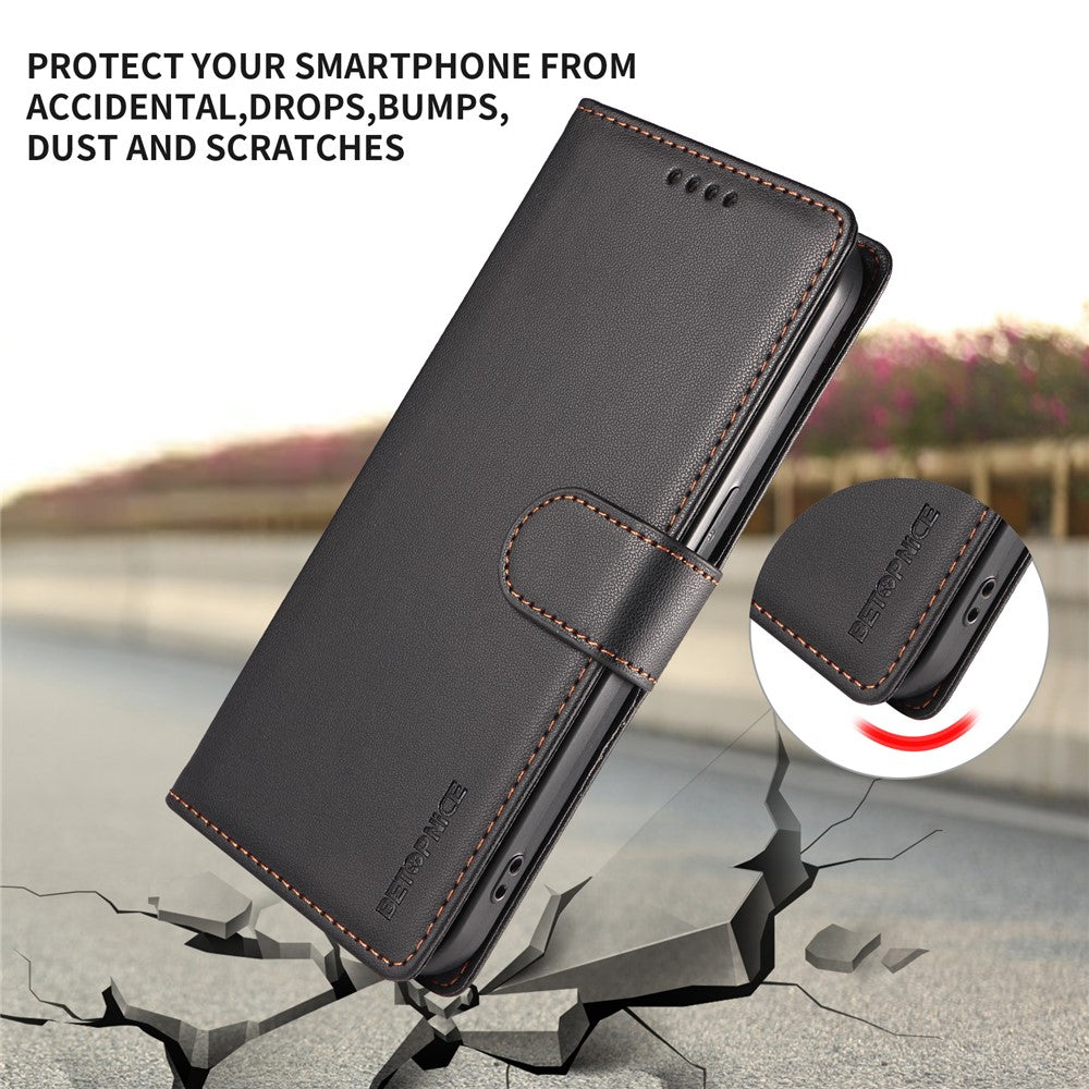 BETOPNICE 006 til iPhone 15 Pro Cover RFID Blokerende Pung Stand Læder Telefoncover med Håndrem