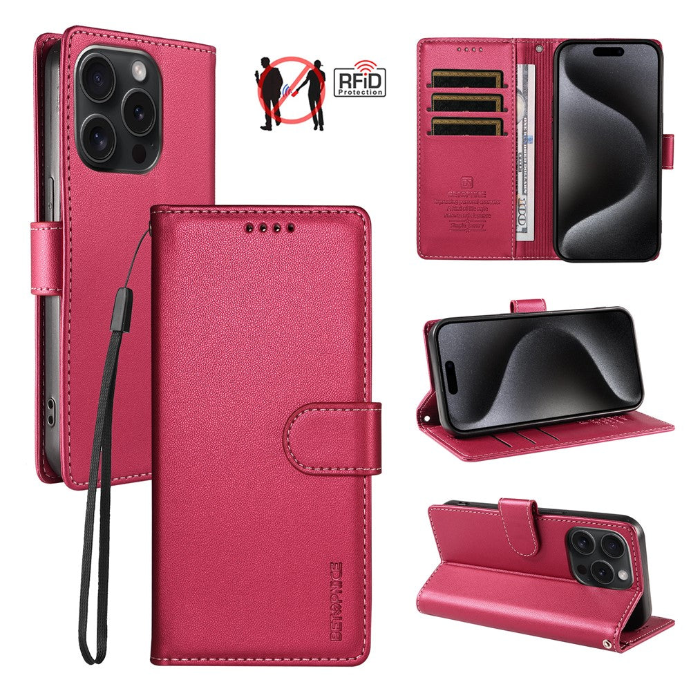 BETOPNICE 006 til iPhone 15 Pro Cover RFID Blokerende Pung Stand Læder Telefoncover med Håndrem
