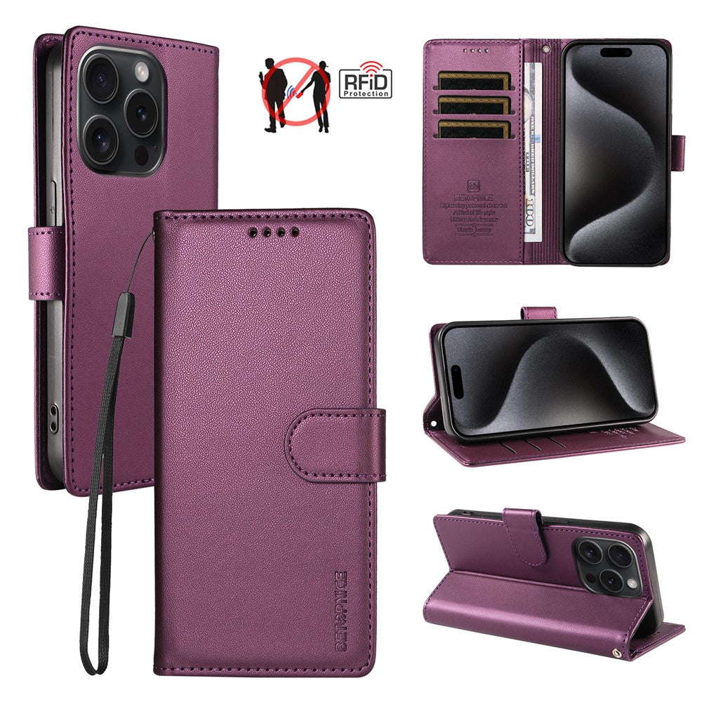 BETOPNICE 006 til iPhone 15 Pro Cover RFID Blokerende Pung Stand Læder Telefoncover med Håndrem