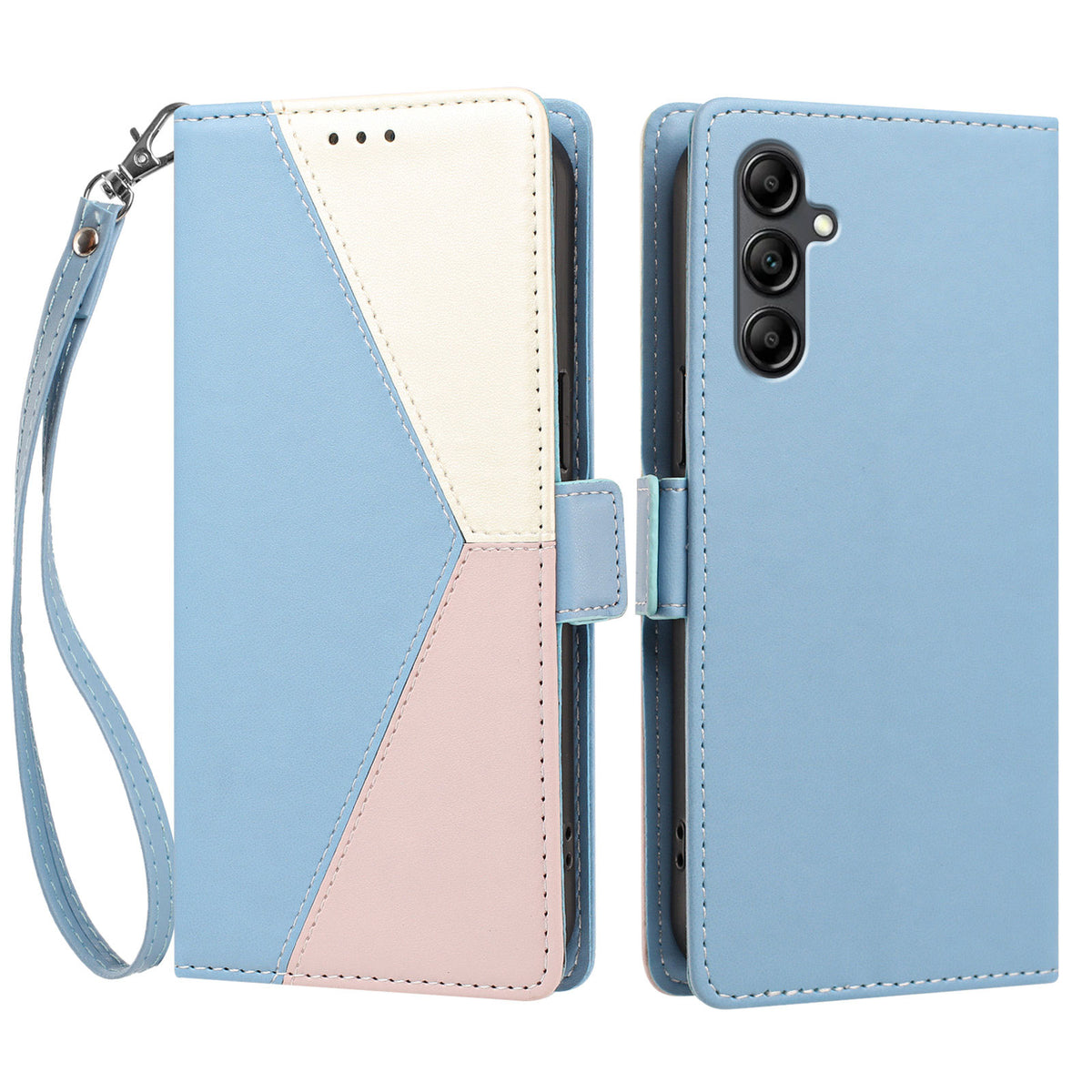 For Samsung Galaxy A15 4G / Galaxy A15 5G Case Color Stitching RFID Blocking Wallet Flip Leather Phone Cover with Wrist Strap