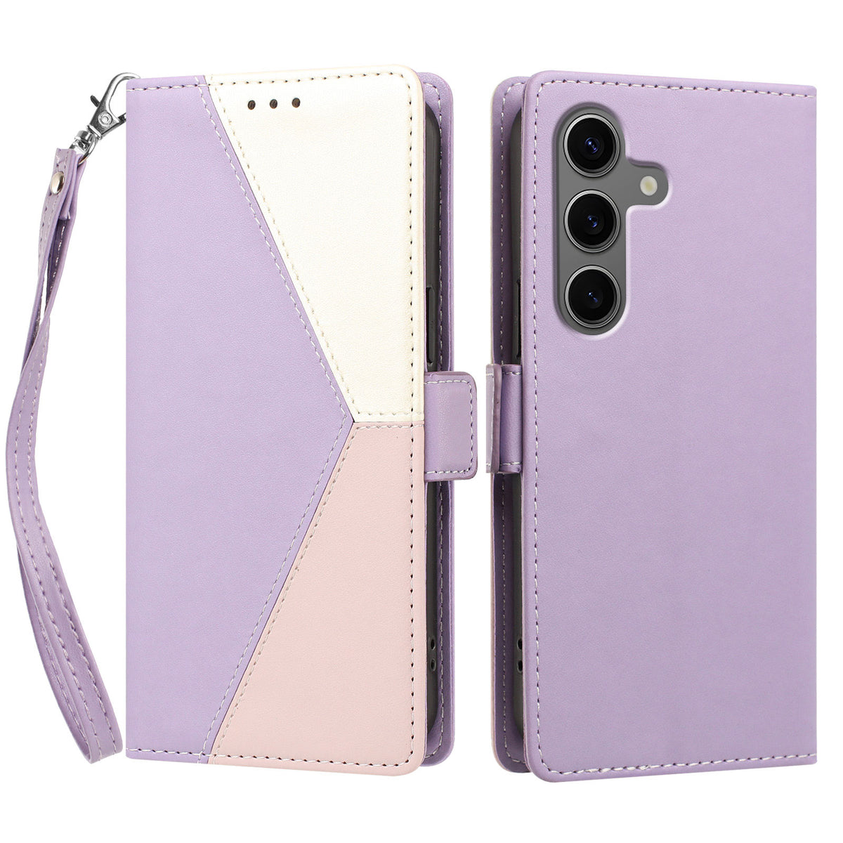 For Samsung Galaxy S26+ Case Color Stitching RFID Blocking Wallet Flip Leather Phone Cover with Wrist Strap