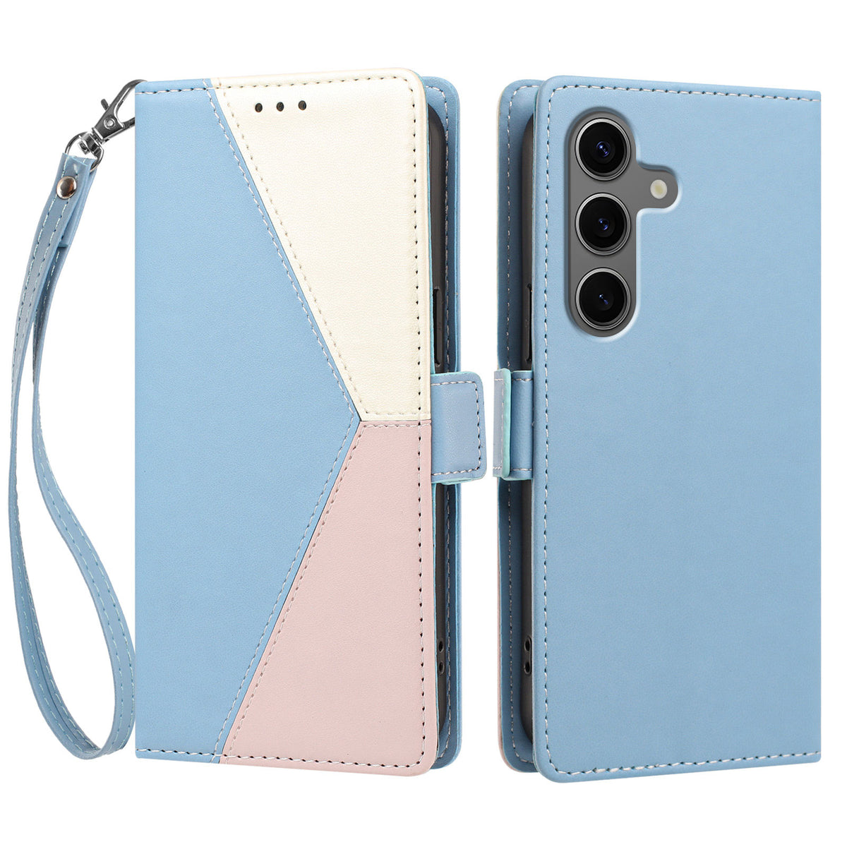 For Samsung Galaxy S26+ Case Color Stitching RFID Blocking Wallet Flip Leather Phone Cover with Wrist Strap