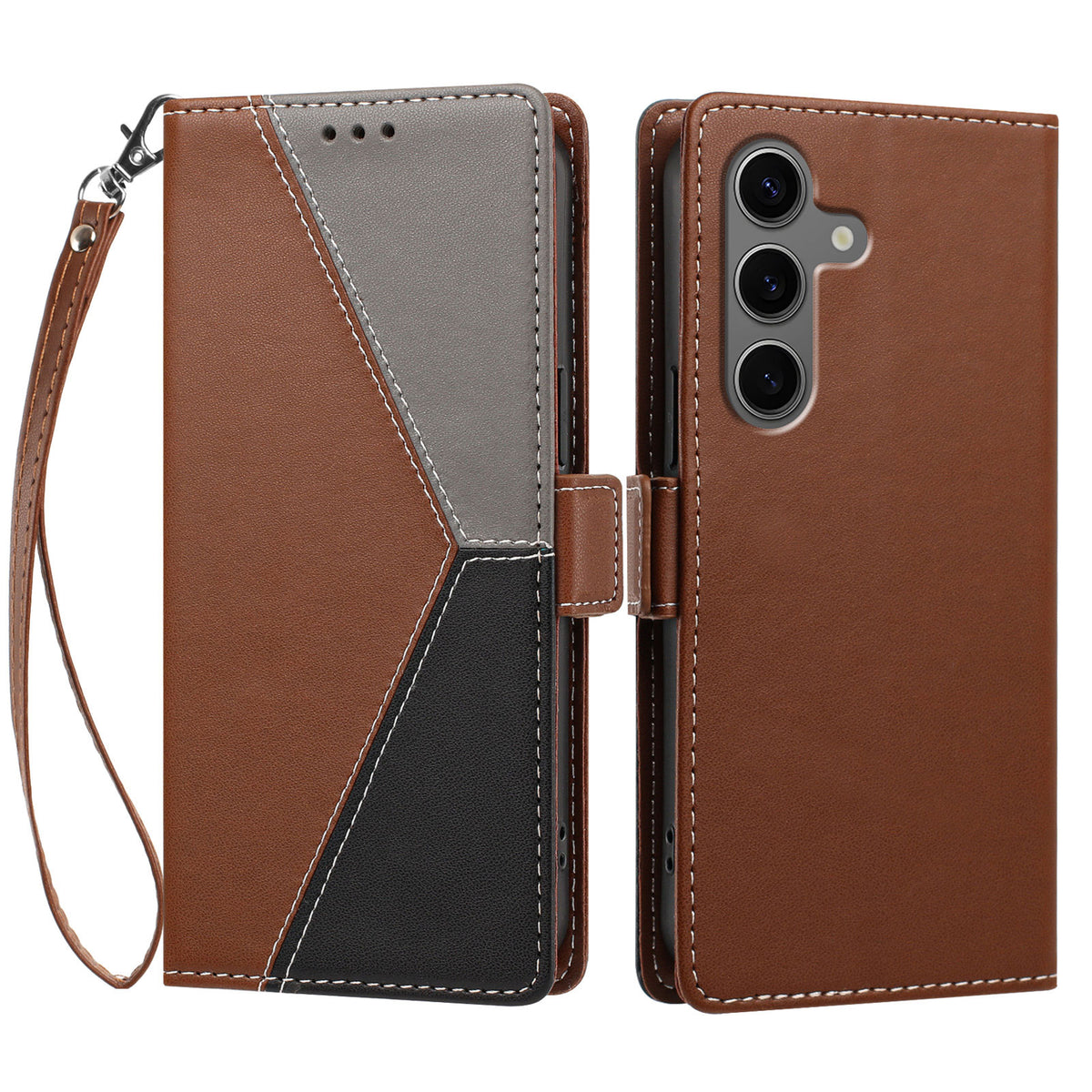 For Samsung Galaxy S26+ Case Color Stitching RFID Blocking Wallet Flip Leather Phone Cover with Wrist Strap