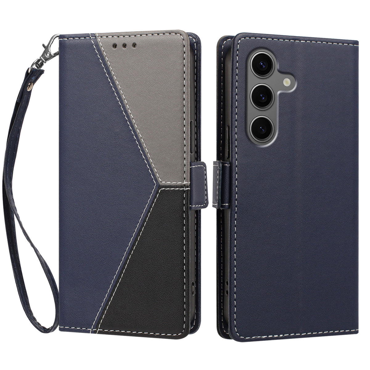 For Samsung Galaxy S26+ Case Color Stitching RFID Blocking Wallet Flip Leather Phone Cover with Wrist Strap