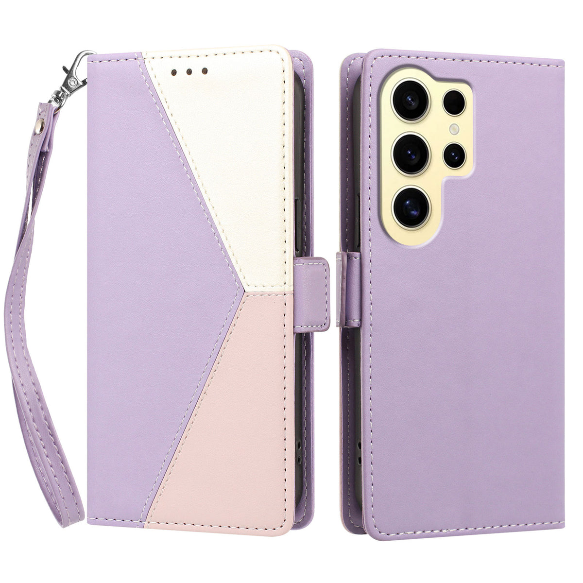 For Samsung Galaxy S24 Ultra Case Color Stitching RFID Blocking Wallet Flip Leather Phone Cover with Wrist Strap