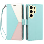 For Samsung Galaxy S24 Ultra Case Color Stitching RFID Blocking Wallet Flip Leather Phone Cover with Wrist Strap