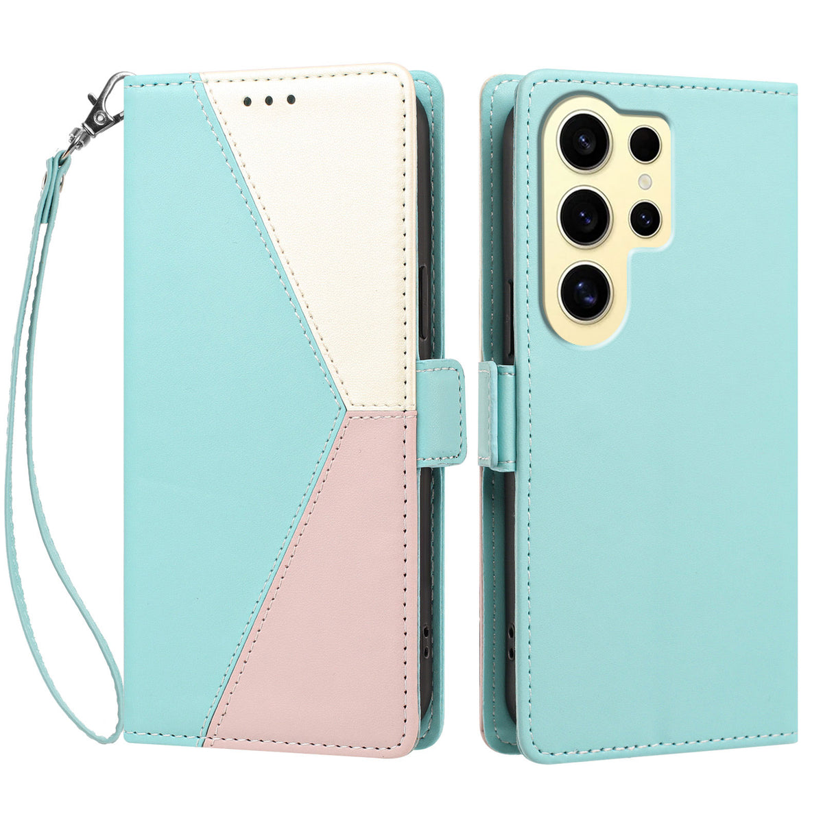 For Samsung Galaxy S24 Ultra Case Color Stitching RFID Blocking Wallet Flip Leather Phone Cover with Wrist Strap