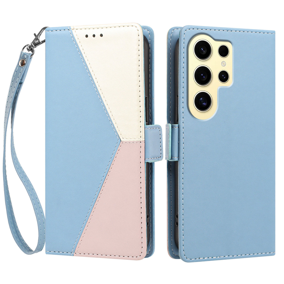 For Samsung Galaxy S24 Ultra Case Color Stitching RFID Blocking Wallet Flip Leather Phone Cover with Wrist Strap