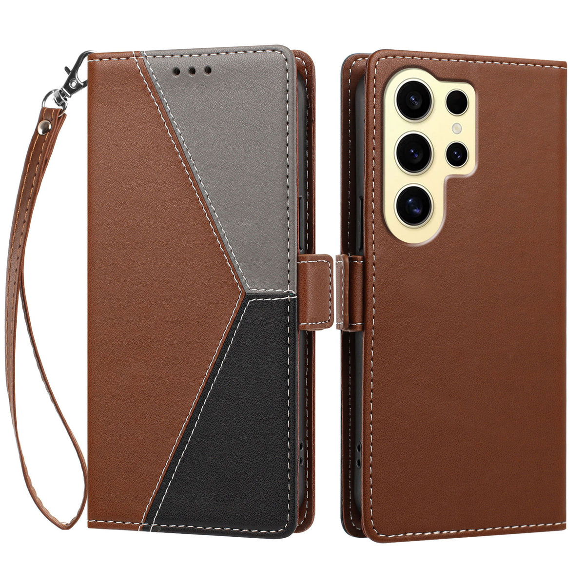 For Samsung Galaxy S24 Ultra Case Color Stitching RFID Blocking Wallet Flip Leather Phone Cover with Wrist Strap