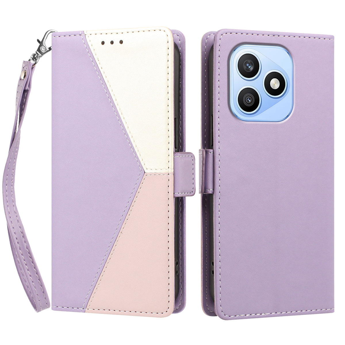 For Honor X8d 4G Case Color Stitching RFID Blocking Wallet Flip Leather Phone Cover with Wrist Strap