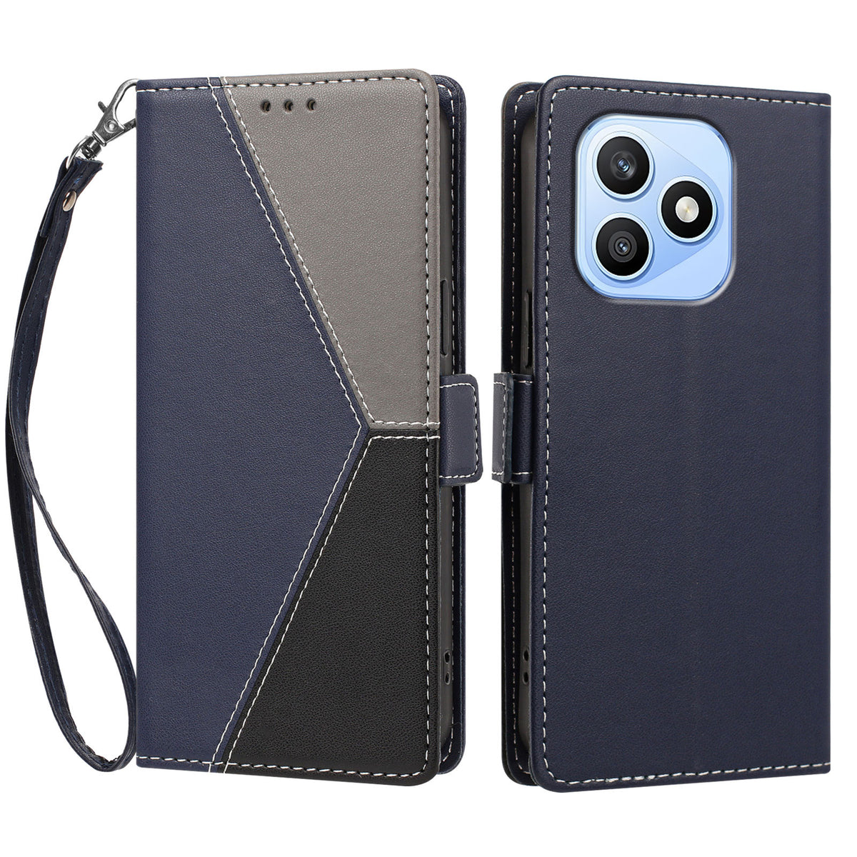 For Honor X8d 4G Case Color Stitching RFID Blocking Wallet Flip Leather Phone Cover with Wrist Strap