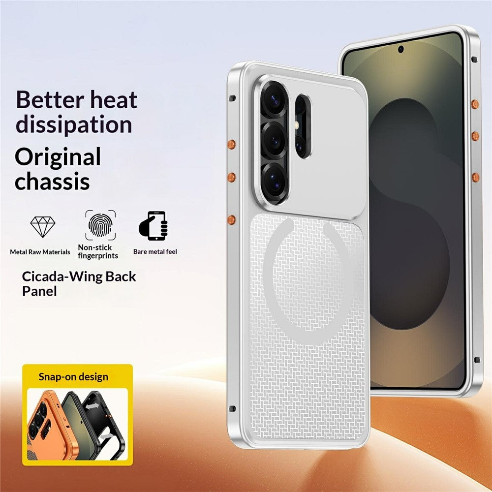 For Samsung Galaxy S23 Ultra Metal Frame Case Magnetic Snap On Frame PC Hollow Back Heat Dissipation Shockproof Cover