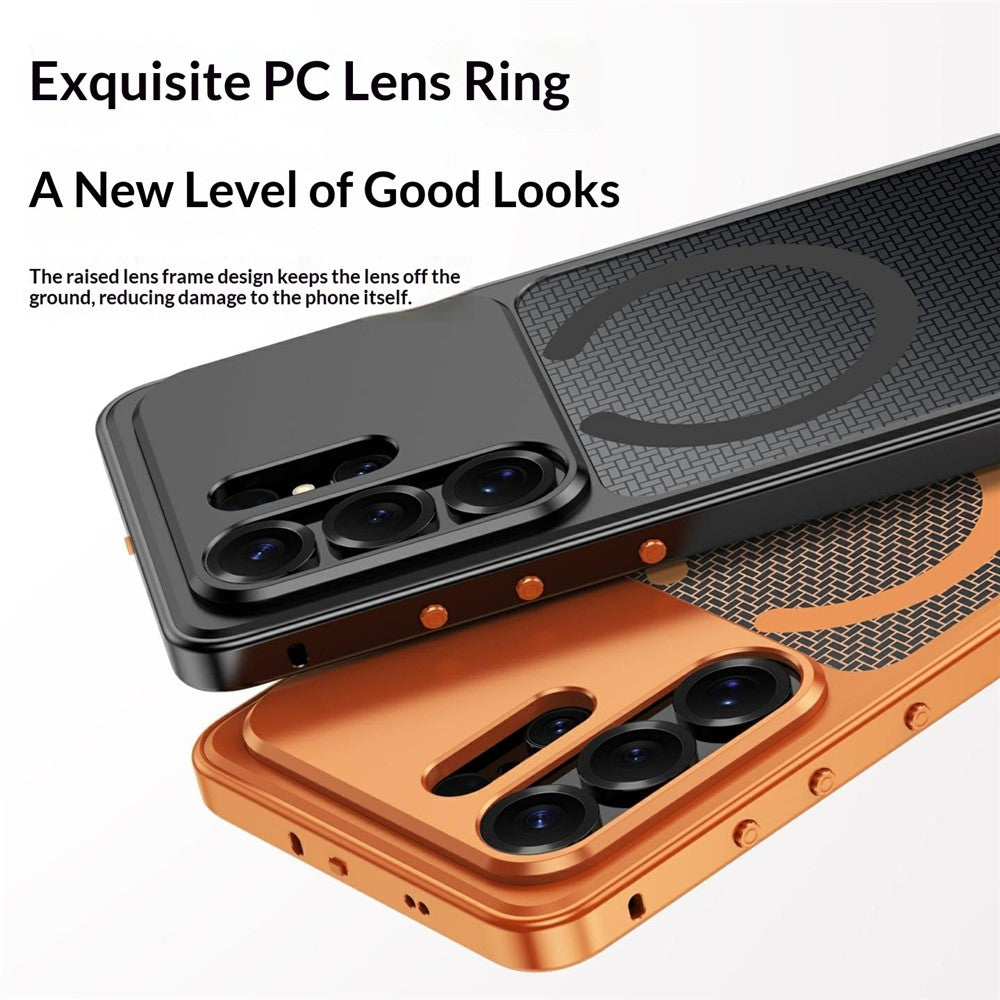 For Samsung Galaxy S23 Ultra Metal Frame Case Magnetic Snap On Frame PC Hollow Back Heat Dissipation Shockproof Cover