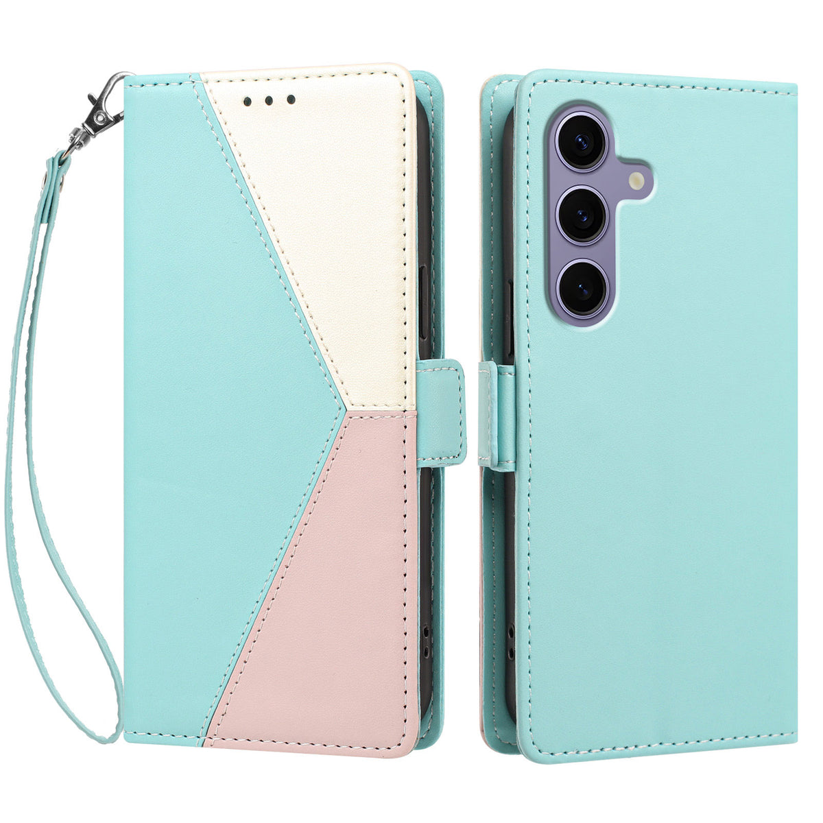 For Samsung Galaxy S24 FE Case Color Stitching RFID Blocking Wallet Flip Leather Phone Cover with Wrist Strap
