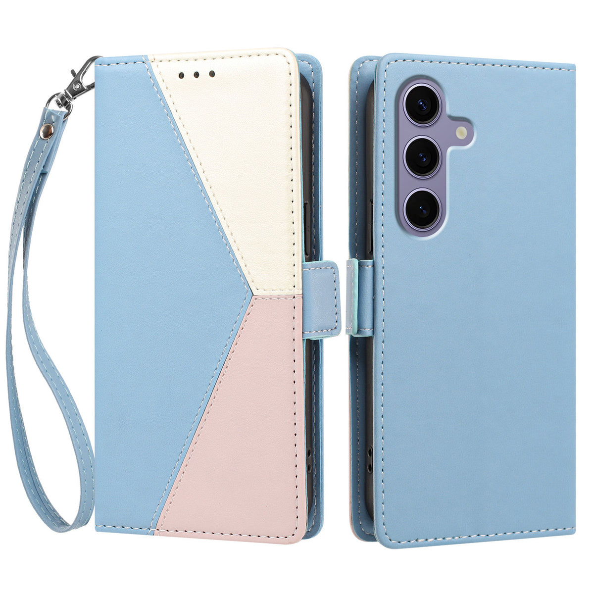 For Samsung Galaxy S24 FE Case Color Stitching RFID Blocking Wallet Flip Leather Phone Cover with Wrist Strap