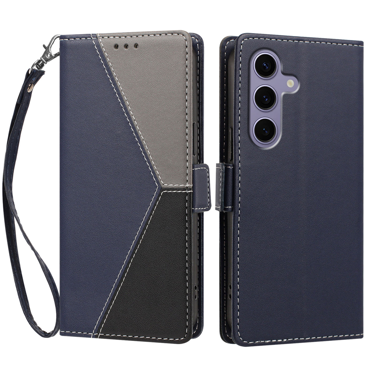 For Samsung Galaxy S24 FE Case Color Stitching RFID Blocking Wallet Flip Leather Phone Cover with Wrist Strap