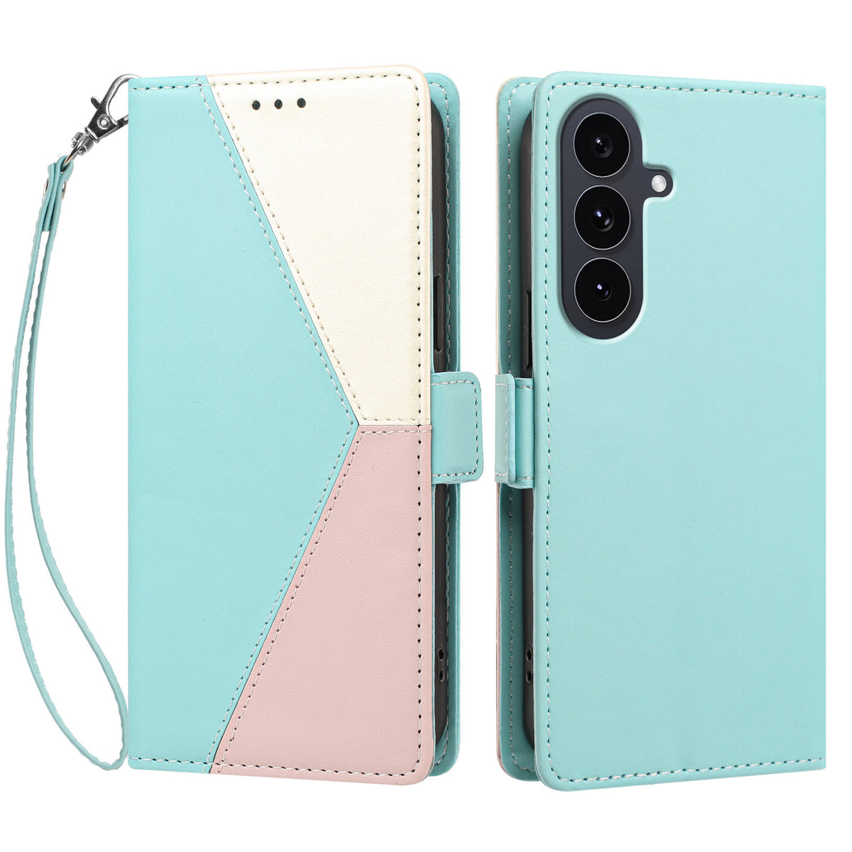 For Samsung Galaxy S25 FE Case Color Stitching RFID Blocking Wallet Flip Leather Phone Cover with Wrist Strap
