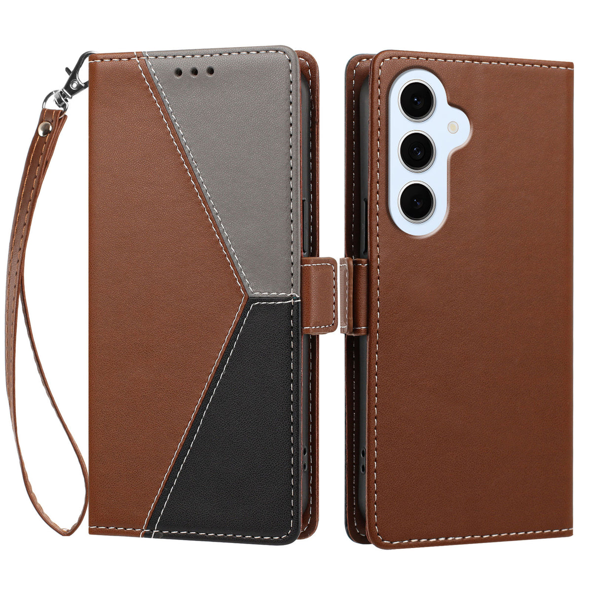 For Samsung Galaxy S26 FE Case Color Stitching RFID Blocking Wallet Flip Leather Phone Cover with Wrist Strap