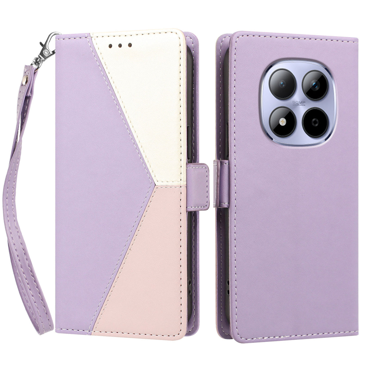 For Xiaomi Redmi Note 15 Pro 5G (Global) Case Color Stitching RFID Blocking Wallet Flip Leather Phone Cover with Wrist Strap