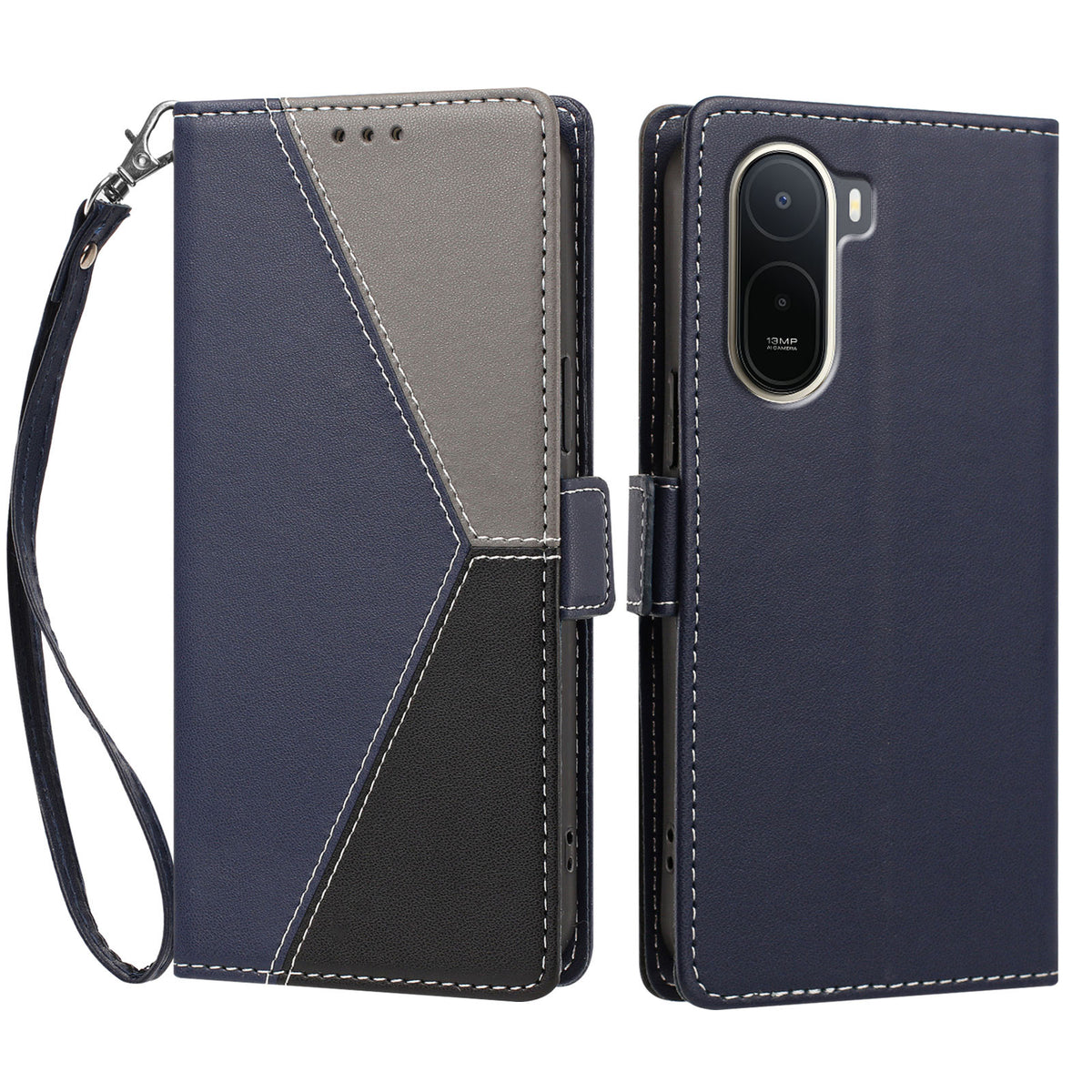 Xiaomi Poco C85x 5G / Xiaomi Poco C81 Pro 4G / Xiaomi Redmi A7 Pro 4G (171.56mm) etui med farvesømme, RFID-blokerende lædertegnebogn med håndledsrem