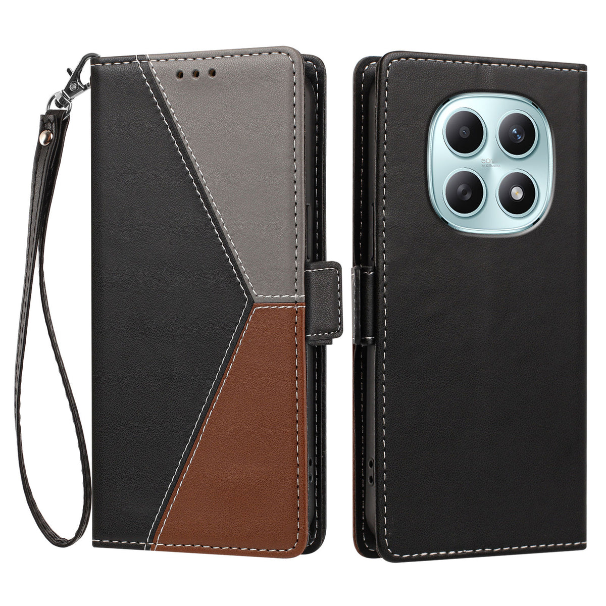 Xiaomi Poco M8 5G / Xiaomi Redmi Note 15 4G (Global) / Xiaomi Redmi Note 15 5G (Global) fodral Färgsömmar RFID-blockerande plånbok i läder med handledsrem