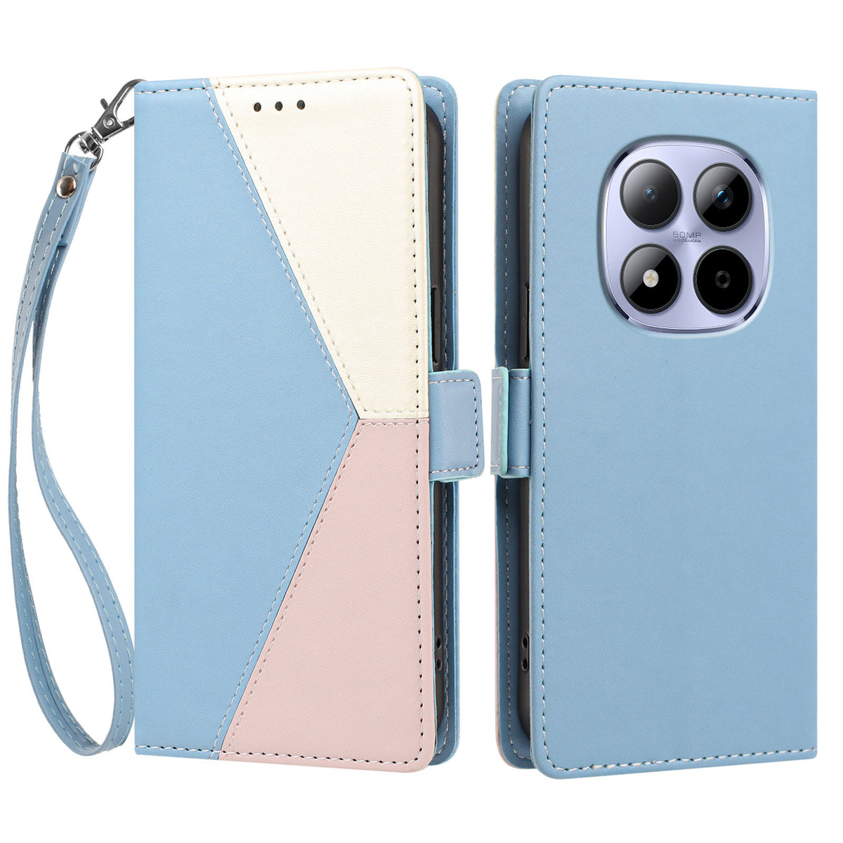 For Xiaomi Redmi Note 15 Pro 4G (Global) Case Color Stitching RFID Blocking Wallet Flip Leather Phone Cover with Wrist Strap