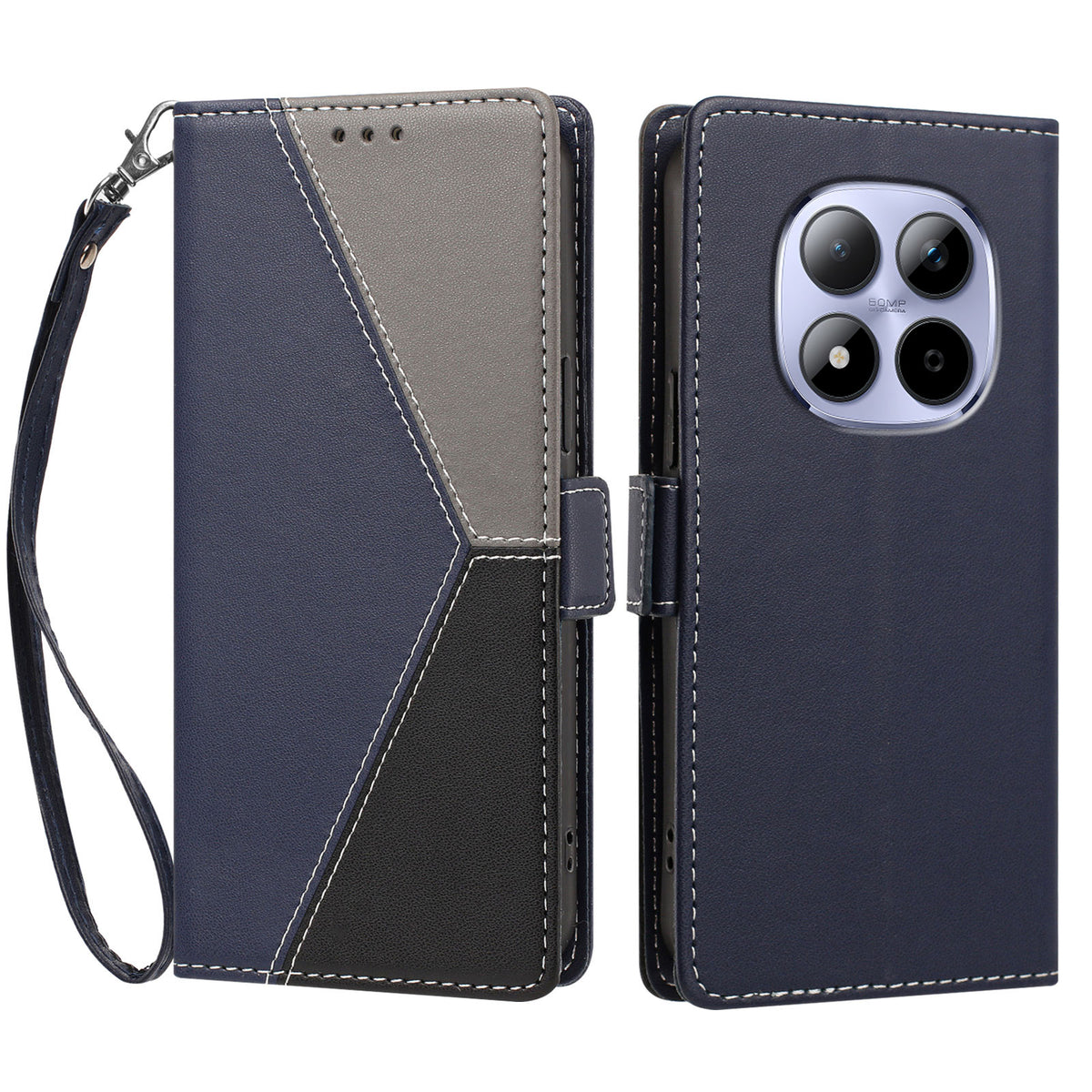 For Xiaomi Redmi Note 15 Pro 4G (Global) Case Color Stitching RFID Blocking Wallet Flip Leather Phone Cover with Wrist Strap