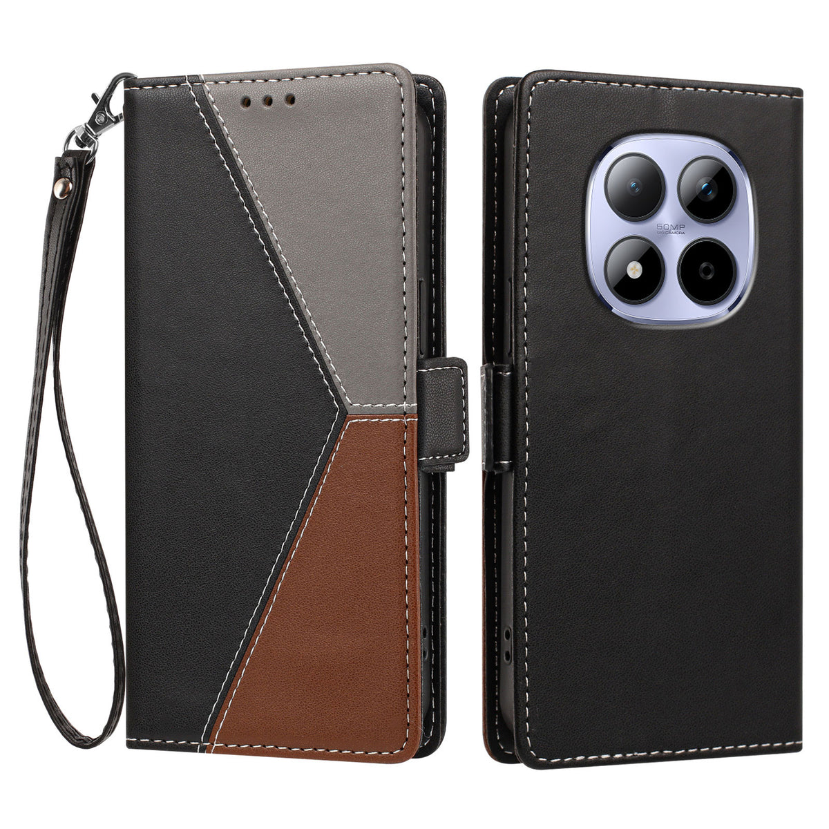 For Xiaomi Redmi Note 15 Pro 4G (Global) Case Color Stitching RFID Blocking Wallet Flip Leather Phone Cover with Wrist Strap