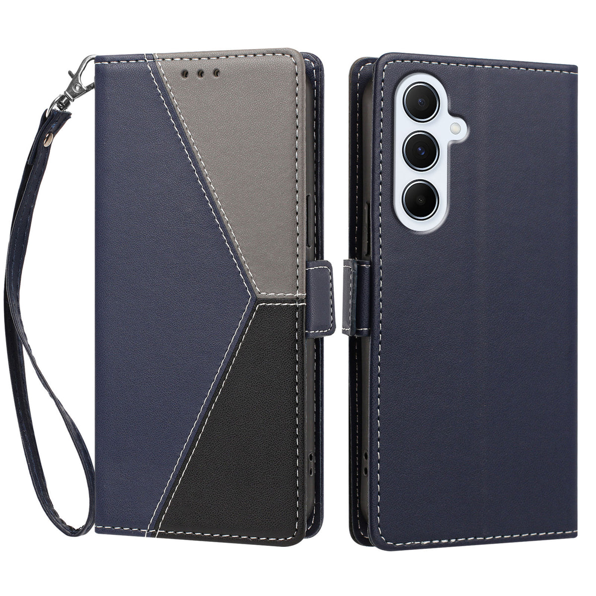 For Samsung Galaxy A16 4G / Galaxy A16 5G Case Color Stitching RFID Blocking Wallet Flip Leather Phone Cover with Wrist Strap