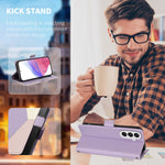 For Samsung Galaxy A25 5G (Global) (161mm) Case Color Stitching RFID Blocking Wallet Flip Leather Phone Cover with Wrist Strap