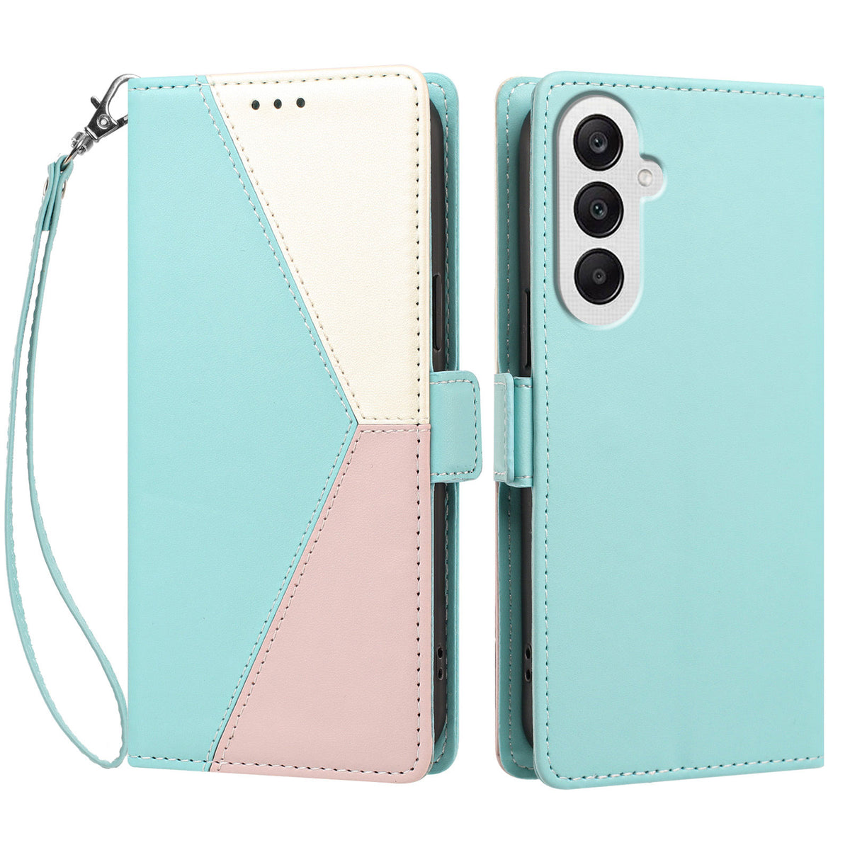 For Samsung Galaxy A25 5G (Global) (161mm) Case Color Stitching RFID Blocking Wallet Flip Leather Phone Cover with Wrist Strap