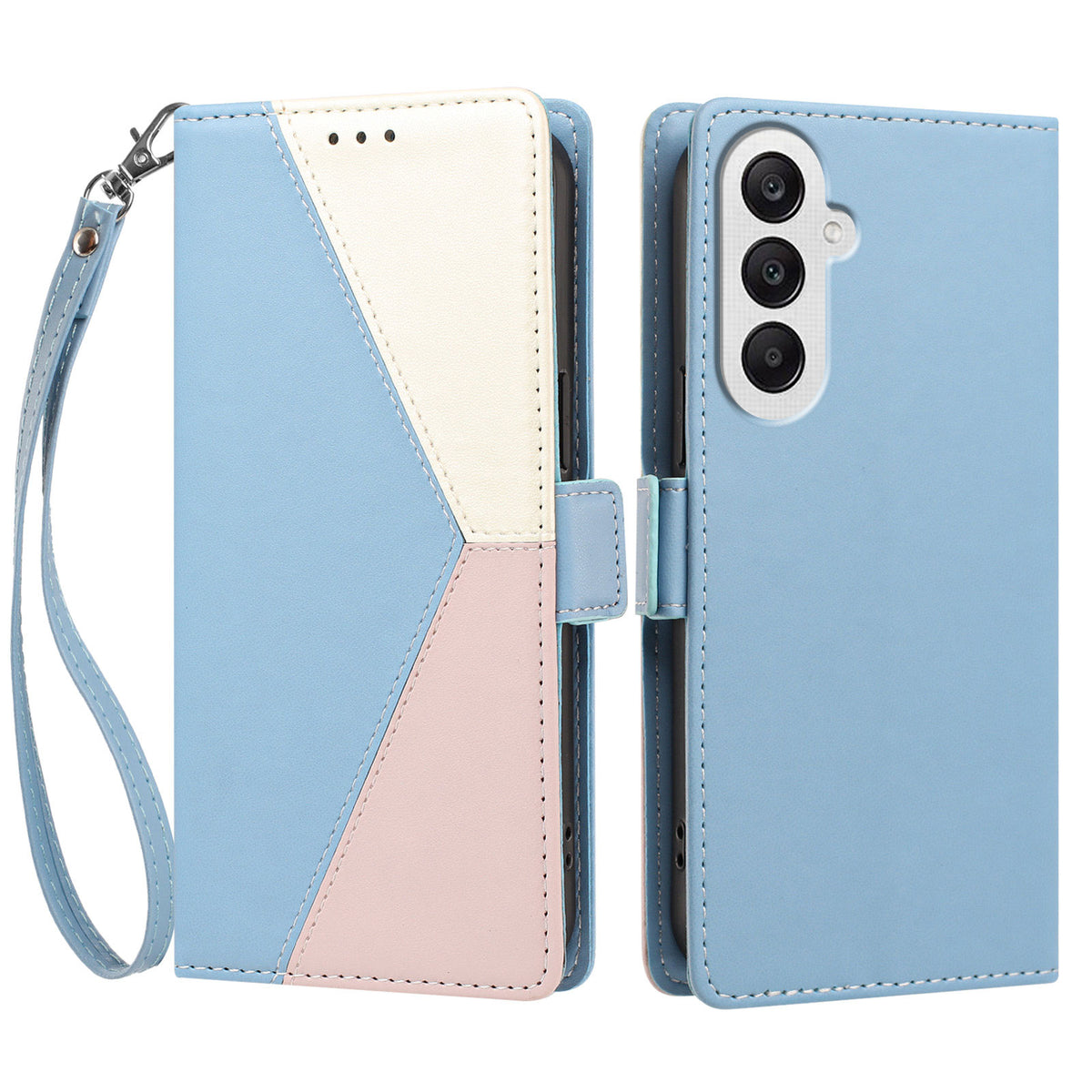 For Samsung Galaxy A25 5G (Global) (161mm) Case Color Stitching RFID Blocking Wallet Flip Leather Phone Cover with Wrist Strap