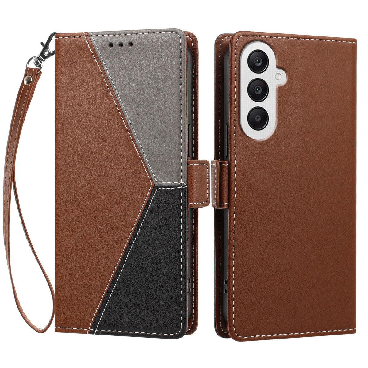 For Samsung Galaxy A25 5G (Global) (161mm) Case Color Stitching RFID Blocking Wallet Flip Leather Phone Cover with Wrist Strap
