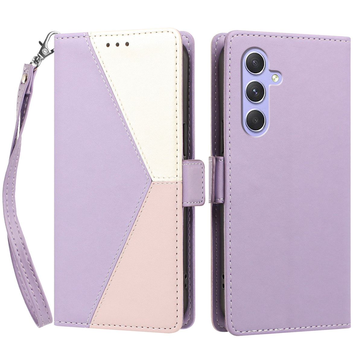 For Samsung Galaxy A55 5G Case Color Stitching RFID Blocking Wallet Flip Leather Phone Cover with Wrist Strap