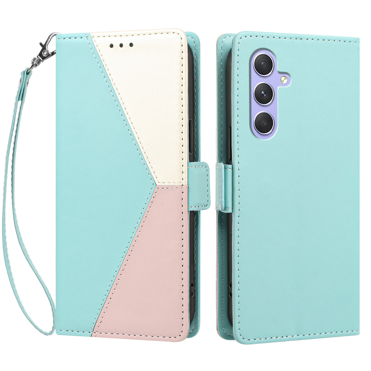 For Samsung Galaxy A55 5G Case Color Stitching RFID Blocking Wallet Flip Leather Phone Cover with Wrist Strap