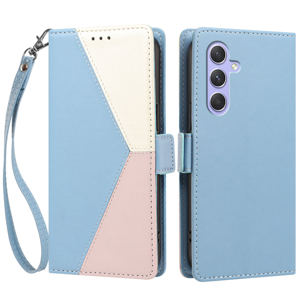 For Samsung Galaxy A55 5G Case Color Stitching RFID Blocking Wallet Flip Leather Phone Cover with Wrist Strap