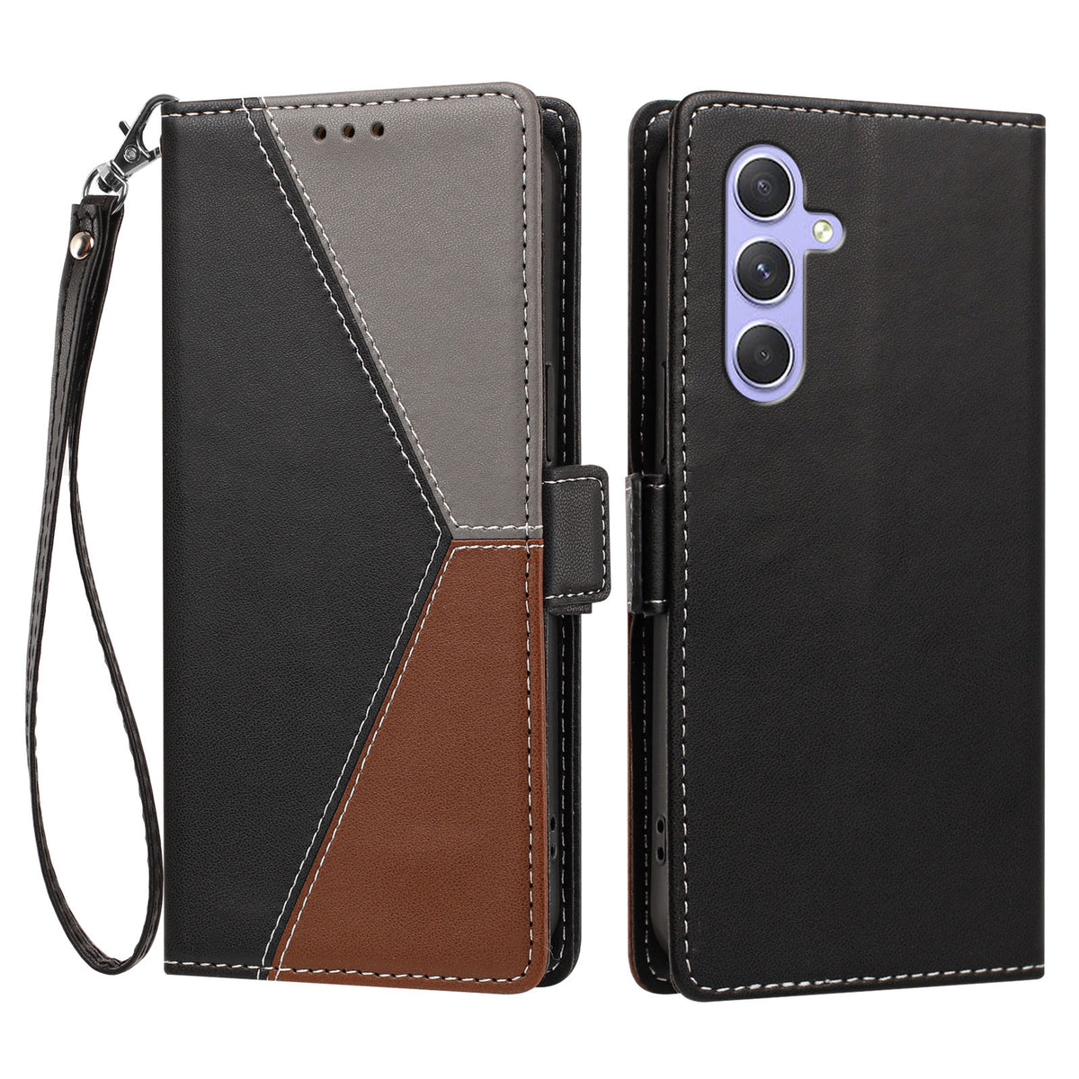 For Samsung Galaxy A55 5G Case Color Stitching RFID Blocking Wallet Flip Leather Phone Cover with Wrist Strap