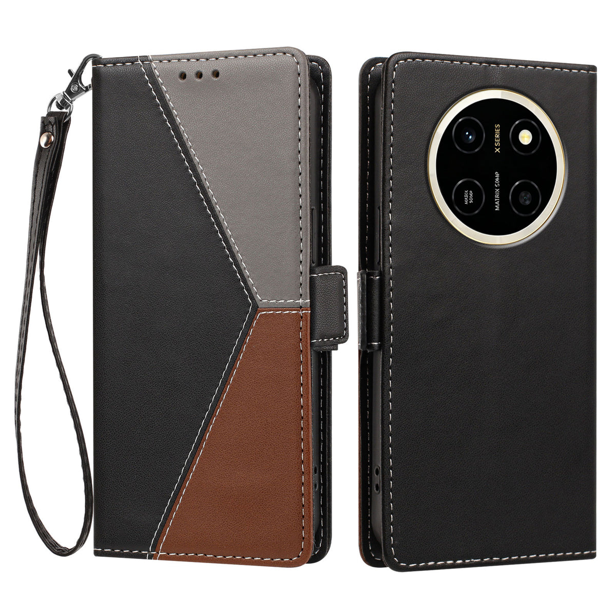 For Honor X80 Pro Max 5G Case Color Stitching RFID Blocking Wallet Flip Leather Phone Cover with Wrist Strap
