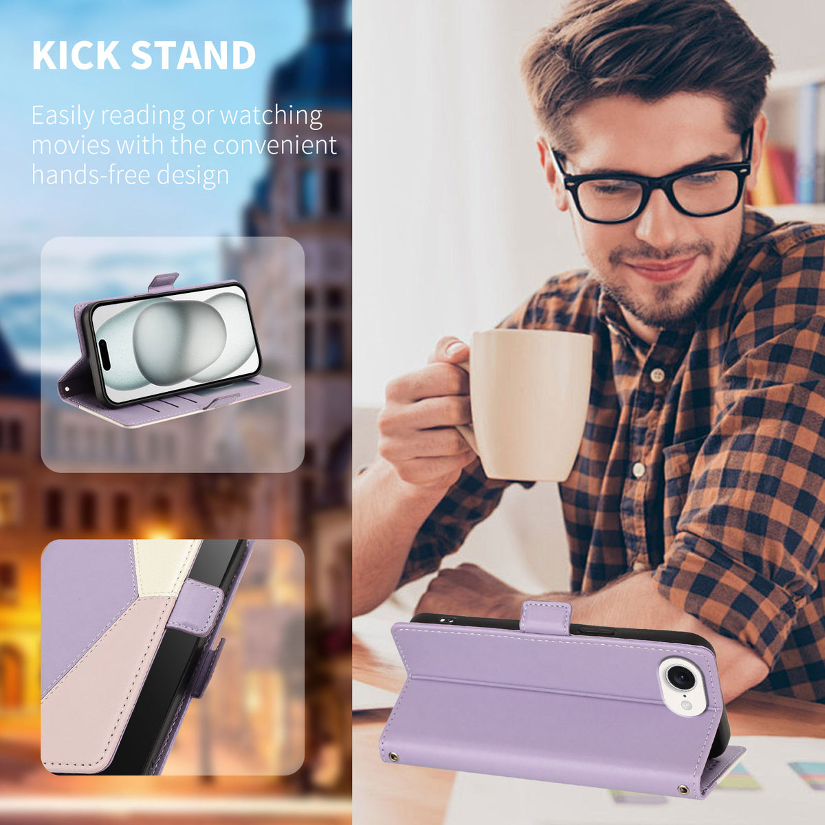 For iPhone 16e / iPhone 17e Case Color Stitching RFID Blocking Wallet Flip Leather Phone Cover with Wrist Strap