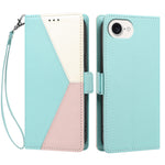 For iPhone 16e / iPhone 17e Case Color Stitching RFID Blocking Wallet Flip Leather Phone Cover with Wrist Strap