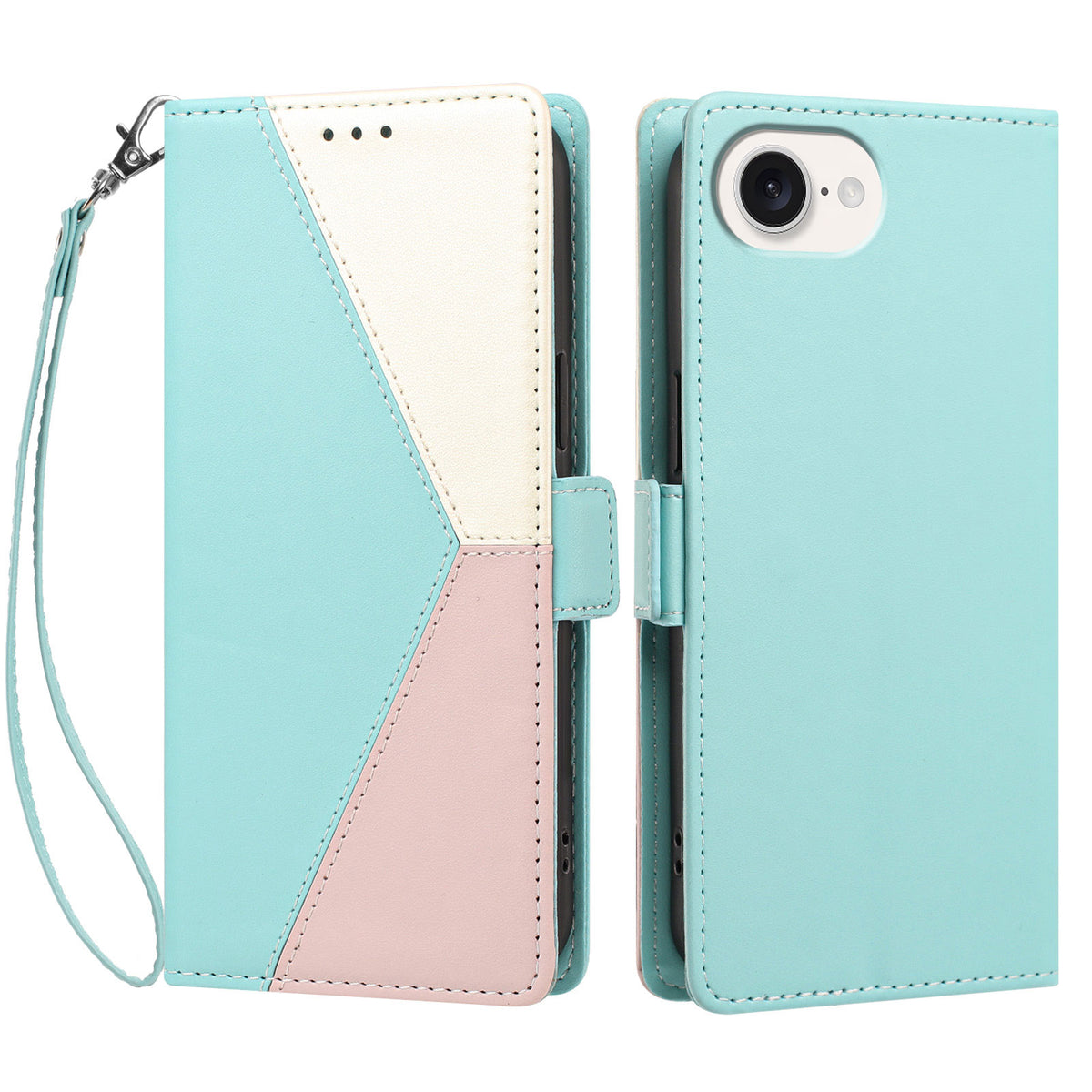 For iPhone 16e / iPhone 17e Case Color Stitching RFID Blocking Wallet Flip Leather Phone Cover with Wrist Strap