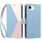 For iPhone 16e / iPhone 17e Case Color Stitching RFID Blocking Wallet Flip Leather Phone Cover with Wrist Strap