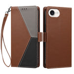 For iPhone 16e / iPhone 17e Case Color Stitching RFID Blocking Wallet Flip Leather Phone Cover with Wrist Strap