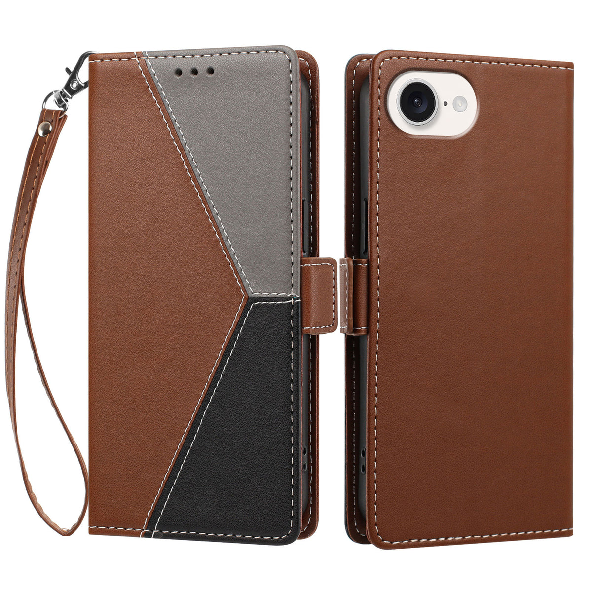 For iPhone 16e / iPhone 17e Case Color Stitching RFID Blocking Wallet Flip Leather Phone Cover with Wrist Strap