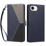 For iPhone 16e / iPhone 17e Case Color Stitching RFID Blocking Wallet Flip Leather Phone Cover with Wrist Strap