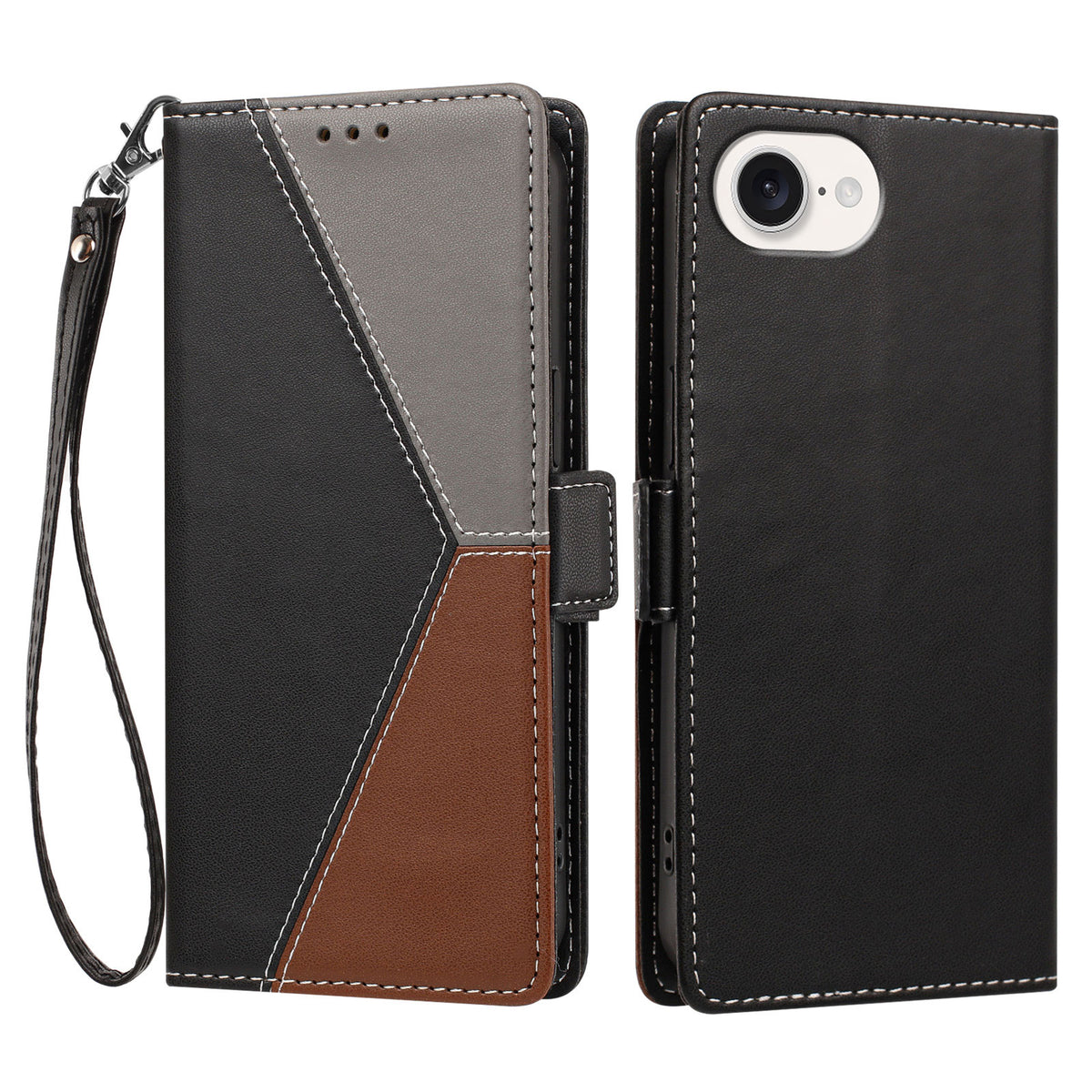 For iPhone 16e / iPhone 17e Case Color Stitching RFID Blocking Wallet Flip Leather Phone Cover with Wrist Strap