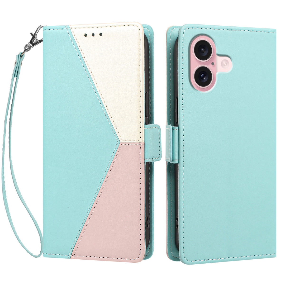 For iPhone 16 Plus Case Color Stitching RFID Blocking Wallet Flip Leather Phone Cover with Wrist Strap