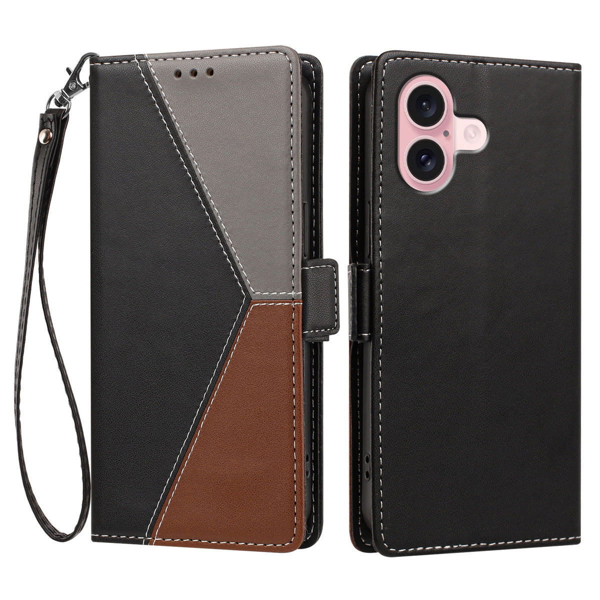 For iPhone 16 Plus Case Color Stitching RFID Blocking Wallet Flip Leather Phone Cover with Wrist Strap